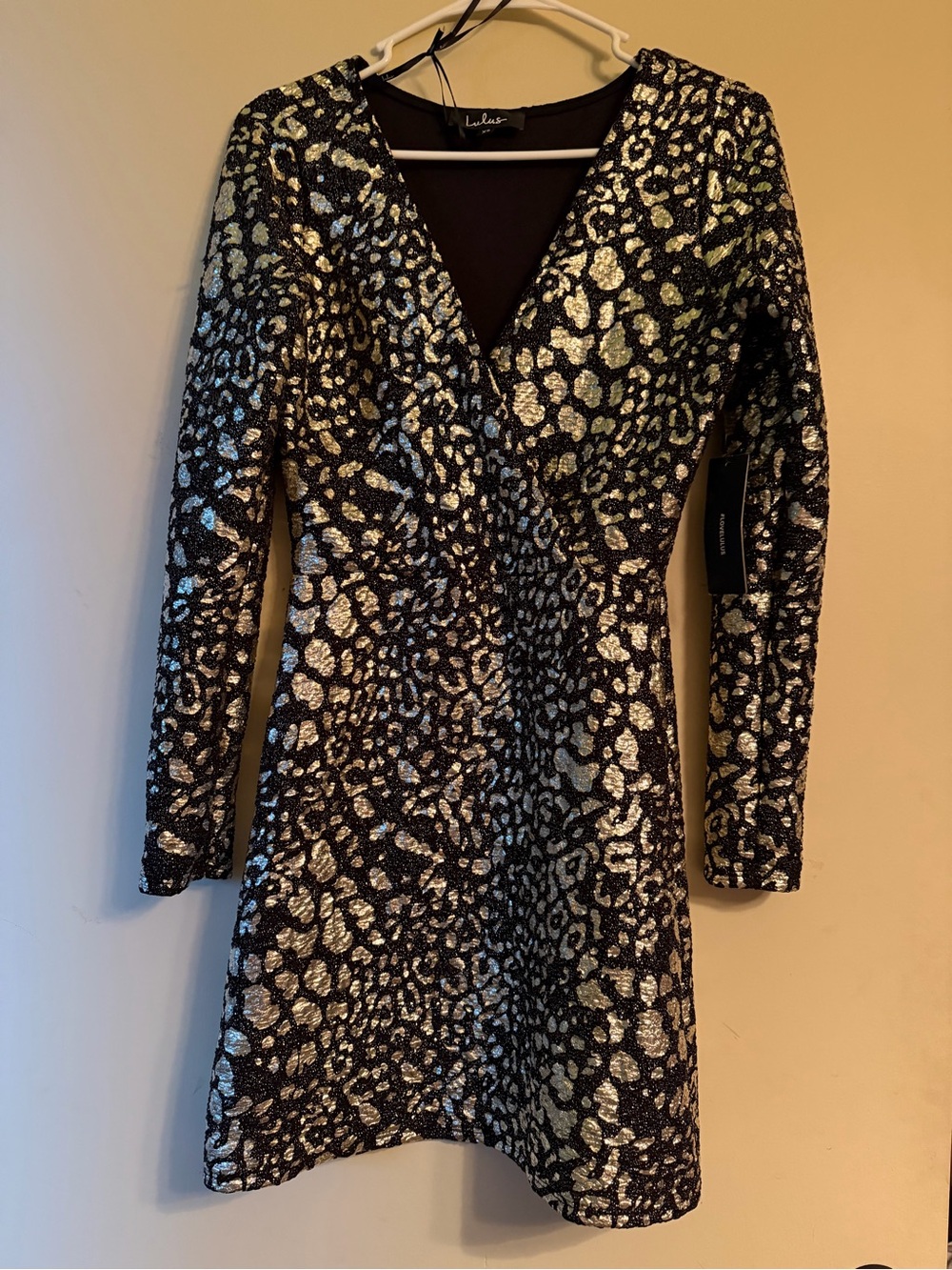 Lulu's Black Dress with Silver Metallic Animal Print Long Sleeves